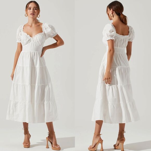 ASTR The Label Short Sleeve Cinched Bust Midi Dress White Sz XS 100% Cotton - Picture 3 of 11